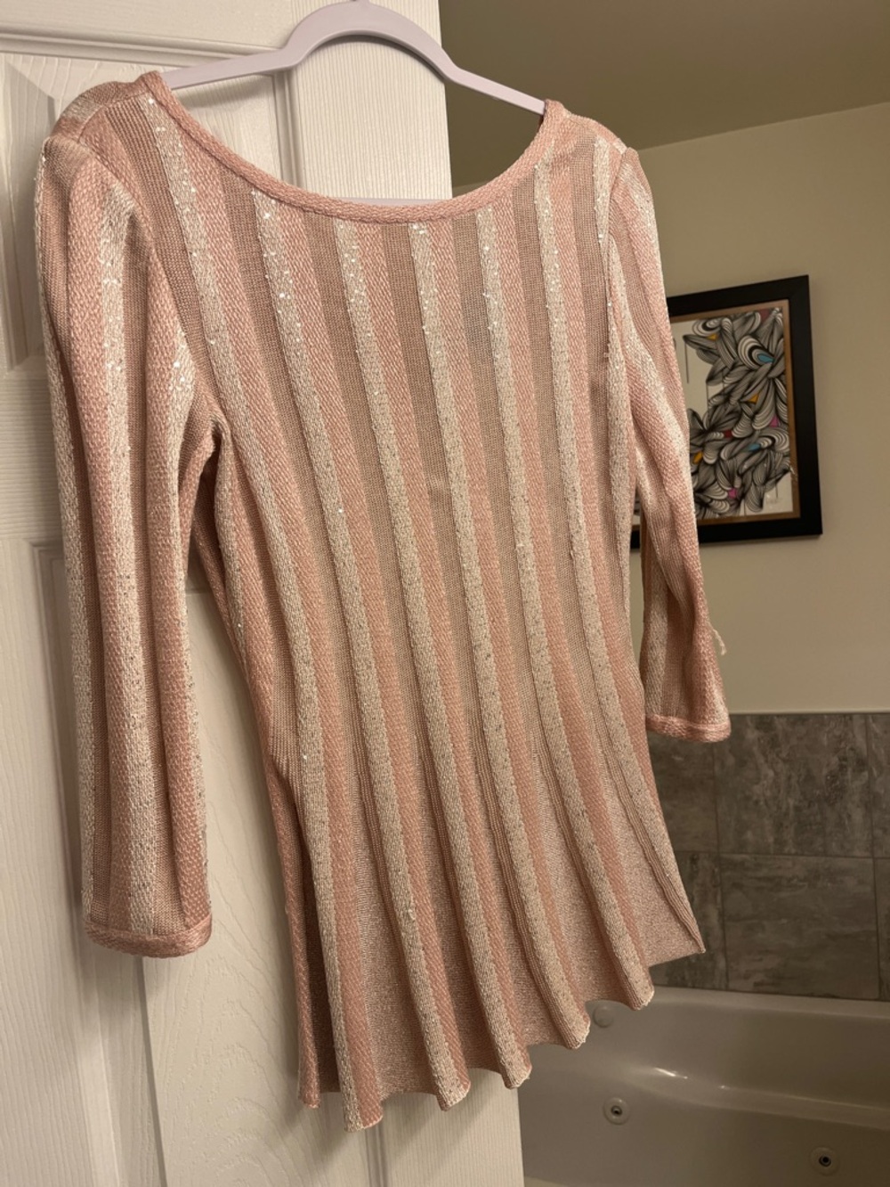 St. John Pink and Cream Striped Scoop Neck Sweater